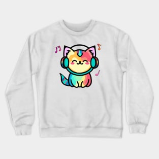 Happy smiling baby pussy cat with headphones. Kawaii cartoon Crewneck Sweatshirt